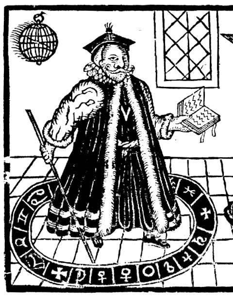 A woodcut of an early modern scholar with a book, looking at a devil. Originally the woodcut for Marlowe's Doctor Faustus.